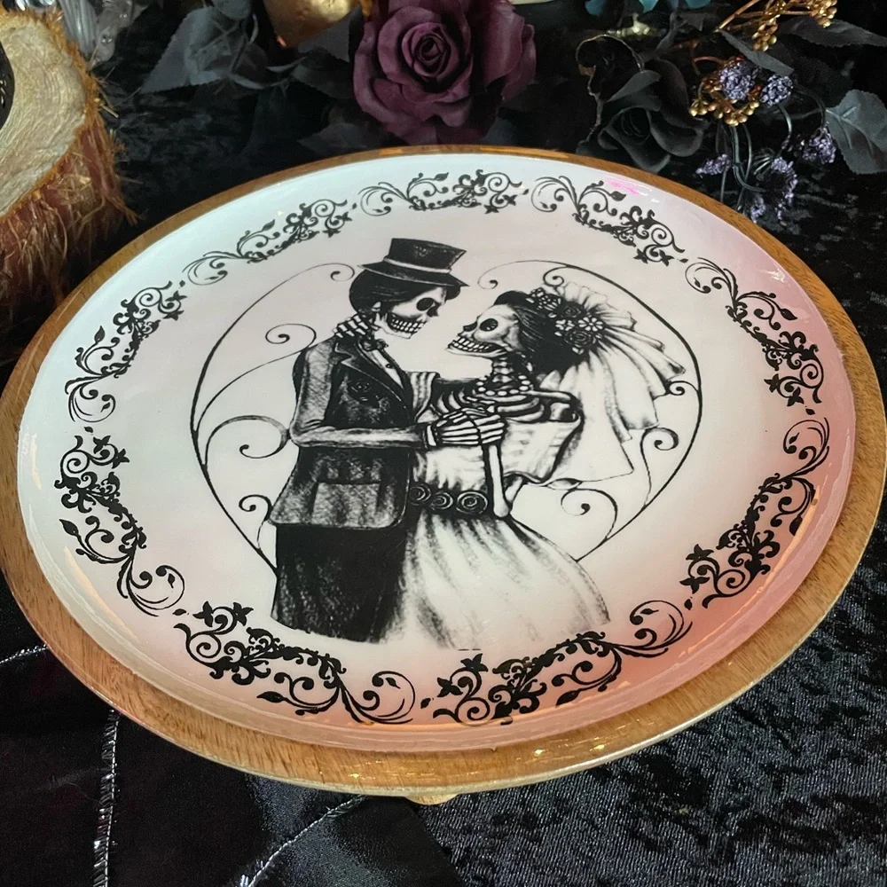 EUC Wooden Enamel Round Gothic Skeleton Bride And Groom Print Platter Pedestal